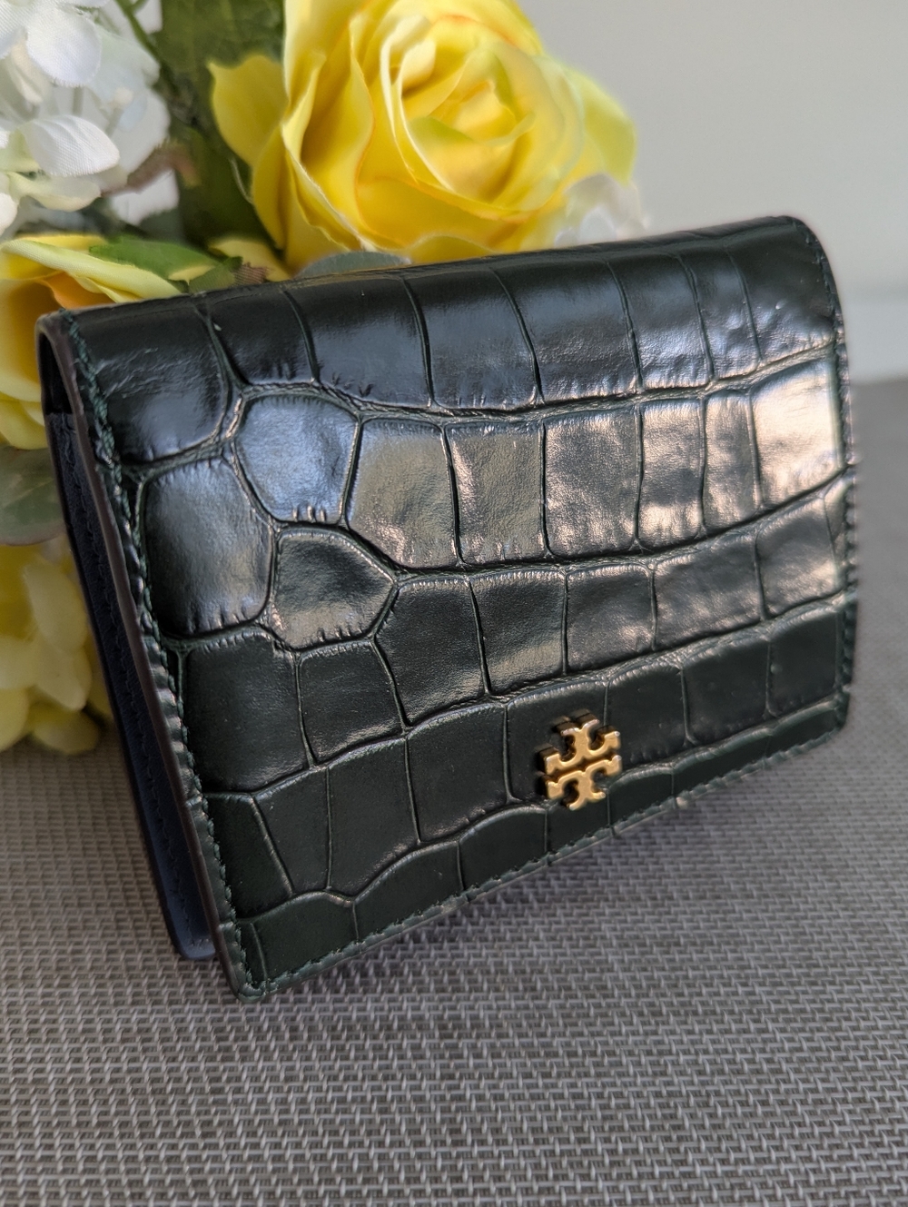 Tory Burch Blake Croc Embossed Leather Mini Wallet 4.5” Snap Deep Kelp Jacquard - Picture 2 of 15